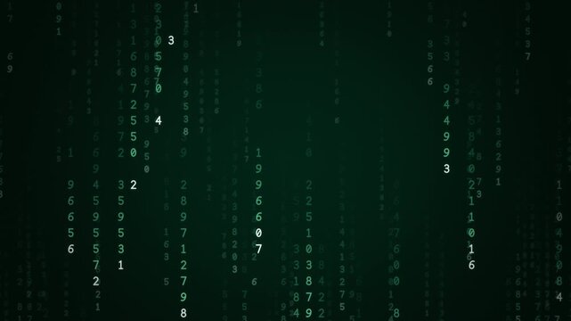 Deep emerald green digital rain of falling numbers and code streams with mint highlights, dark data technology background, seamless loop