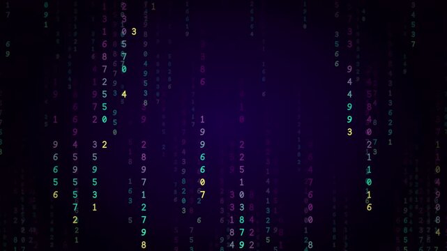 Psychedelic magenta and turquoise digital rain of falling numbers and code streams, neon data technology background, seamless loop