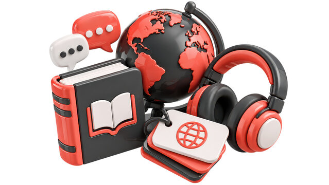 global education concept with headphones, book isolated illustration isolated illustration on transparent background