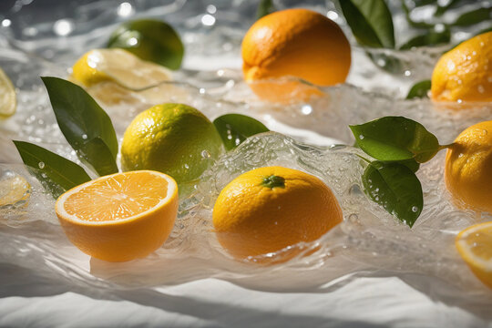 Oranges and lemons in water close-up