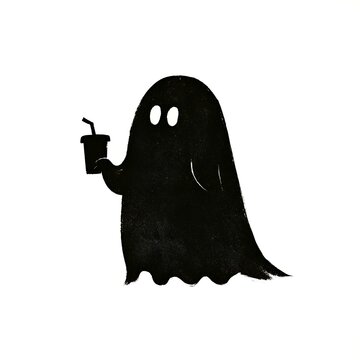 Cute black ghost holding a drink with a straw on white background