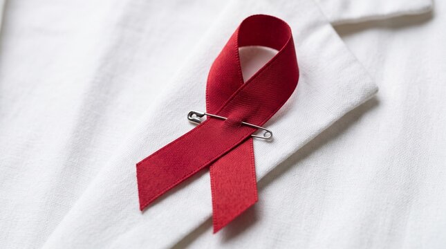 Red Satin Ribbon Pinned on White Fabric for World AIDS Day