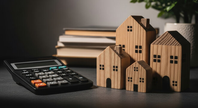 Wooden Houses With Calculator Property Value Real Estate Concept Finance Investment Planning Cost Calculation Appraisal Mortgage Affordability