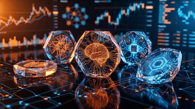 Artificial Intelligence and Data Analytics in Financial Trading with Glowing Brain and Circuit Icons on Stock Market Background