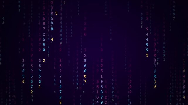 Synthwave pink and blue digital rain of falling numbers and code streams, retro futuristic data background, seamless loop
