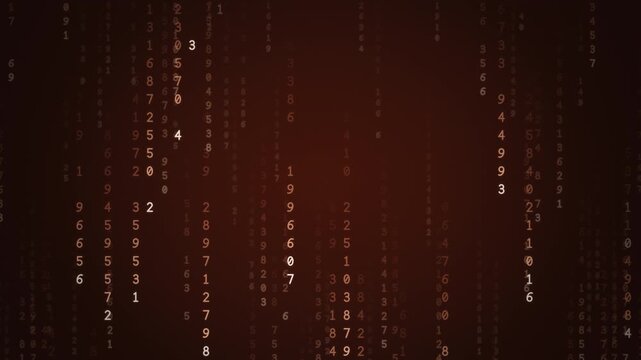Terracotta orange digital rain of falling numbers and code streams, warm fiery data technology background, seamless loop