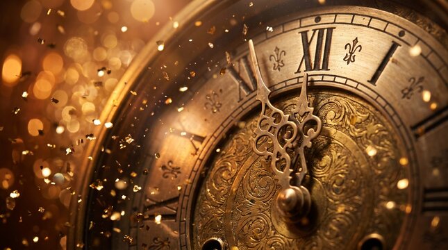 Vintage Golden Clock Hands Approaching Midnight for New Year Eve Countdown