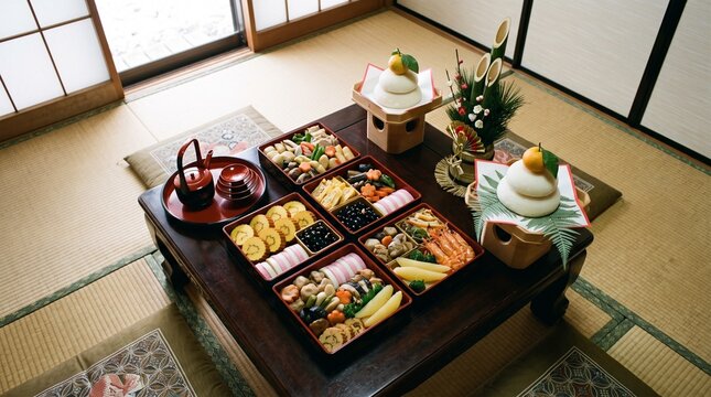 Traditional Japanese Osechi Ryori Meal and Kagami Mochi for Japanese New Year