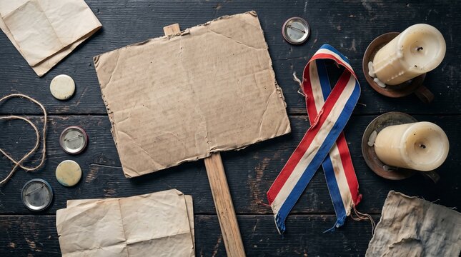 Vintage Protest Cardboard Sign and Tricolor Ribbon for Martin Luther King Jr Day