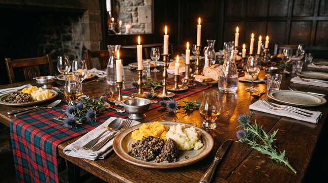 Traditional Scottish Burns Supper Table Setting with Haggis, Neeps, Tatties, and Whisky for Burns Night