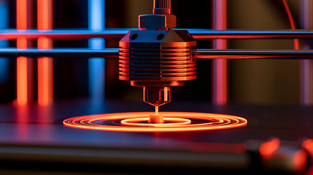 Dramatic close-up of a 3D printer nozzle extruding molten material under red and blue neon lighting, glowing filament, futuristic additive manufacturing atmosphere, with copy space