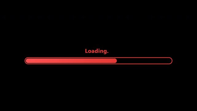 red loading animation with static 'loading' text, sequential dot animation, and smooth continuous red progress bar filling up in an 8-second seamless loop at 4K