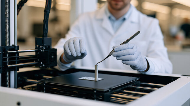 Professional technician wearing gloves examining a freshly printed metal part with tweezers, industrial printer bed, precision quality inspection, modern manufacturing laboratory,