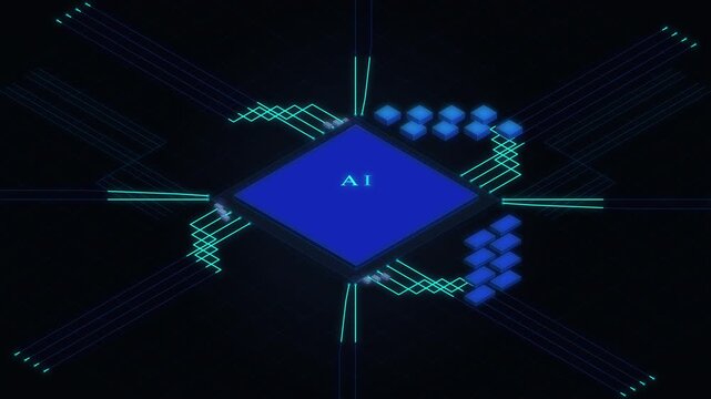 ai microprocessor chip processing data with digital neural network connectivity, circuit board tech, futuristic cyber hardware, computer engineering