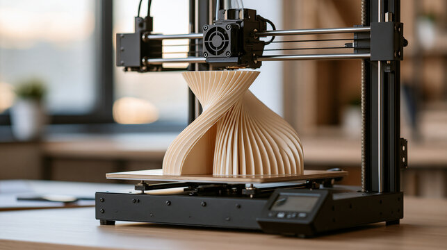3D printer creating a detailed architectural miniature with curved walls and intricate structural elements, digital construction model, modern design laboratory, with copy space