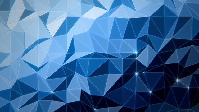 Blueprint blue low poly triangle mesh with shifting light and sparkling vertices, engineering geometric background, seamless loop