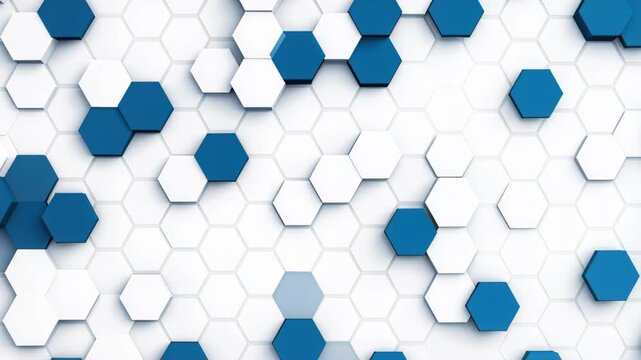 Abstract Hexagonal Grid Pattern: A dynamic, abstract pattern composed of interlocking blue and white hexagonal shapes creates a modern and clean aesthetic, suggesting connectivity and structure.