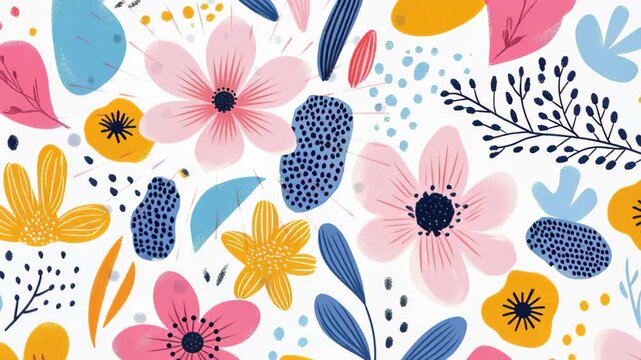 Whimsical Floral Pattern: A vibrant and cheerful abstract floral pattern featuring a delightful mix of colorful flowers, leaves, and organic shapes in a playful design.