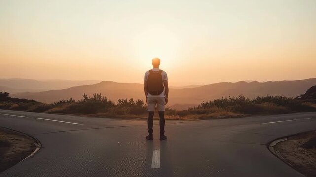 Hiker and Backpacker Silhouette at Mountain Road Junction During Golden Sunset