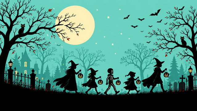 halloween silhouette parade with costumed children, crooked trees, flying bats, and a glowing full moon against a turquoise night sky
