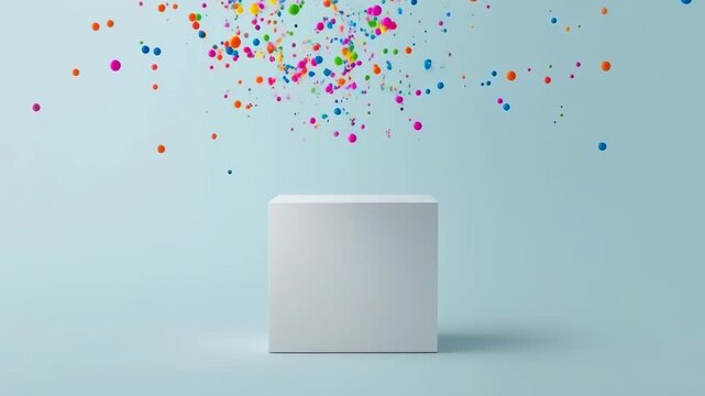 Colorful Confetti and Ball Explosion Above White Pedestal on Blue Background Creates Festive Scene