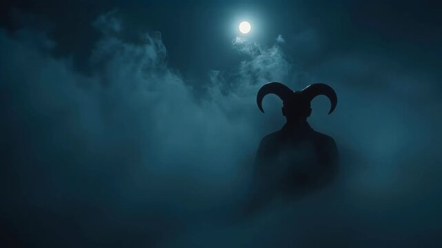 Moonlit Horned Silhouette Emerging Beneath Mysterious Blue Foggy Night Sky