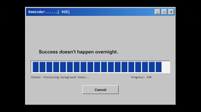 Retro desktop-style reminder window where a 20-block progress bar fills from left to right while the title counter climbs from 1% to 100%, then all blocks blink and the cycle restarts. 8-second seamle