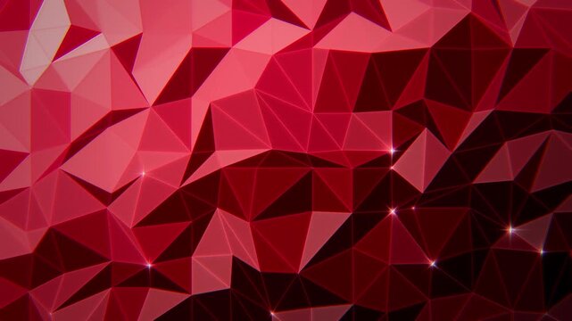 Red low poly triangle mesh with shifting light and sparkling vertices, bold geometric background, seamless loop