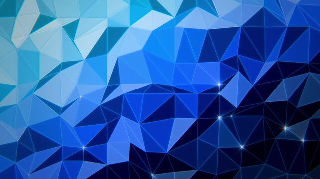 Corporate blue and cyan low poly triangle mesh with shifting light and sparkling vertices, business geometric background, seamless loop