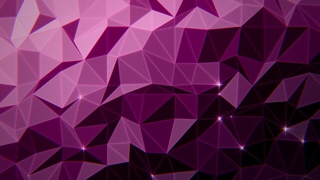 Plum purple and pink low poly triangle mesh with shifting light and sparkling vertices, moody geometric background, seamless loop