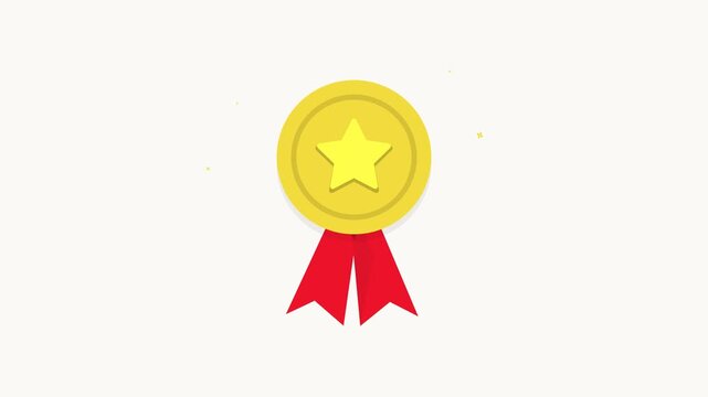 Shiny gold medal featuring a prominent five pointed star shape attached to two bright red ribbons to symbolize achievement and victory earned by individuals who excel in competitive sports and