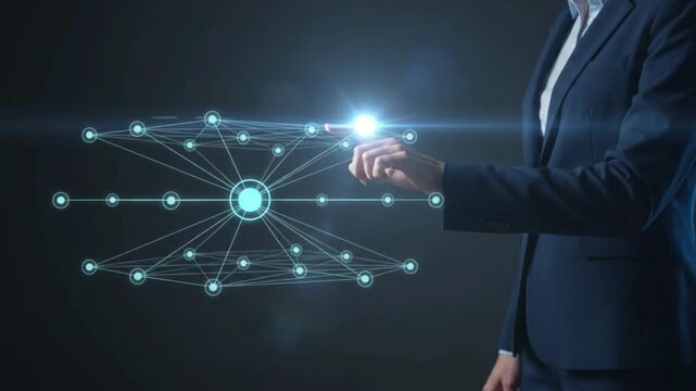 Professional interacts with a glowing digital network, symbolizing data management, innovative technology, and strategic connectivity for future business growth