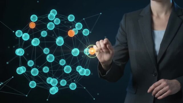 Professional interacts with an evolving virtual data network, symbolizing strategic connectivity, technological innovation, and future-ready business solutions