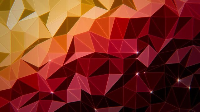 Crimson red and orange low poly triangle mesh with shifting light and sparkling vertices, rich geometric background, seamless loop