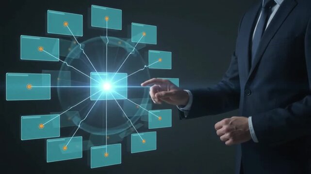 Executive guiding a holographic digital network, managing data flow and interconnected information for strategic business intelligence and enterprise growth