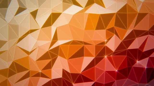 Retro orange and red low poly triangle mesh with shifting light and sparkling vertices, vintage geometric background, seamless loop