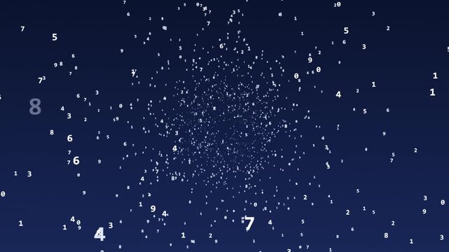 White digital numbers flying toward camera from deep navy blue space, data stream tunnel, information technology background, seamless loop