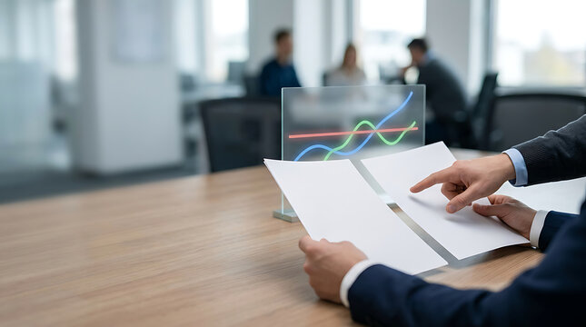 Business professionals analyzing financial growth charts on glass