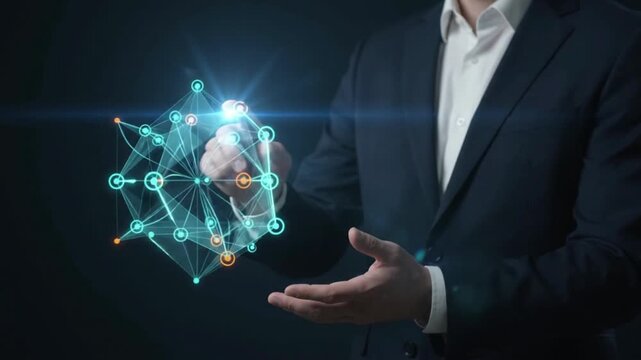 Professional interacting with digital network, representing technology, data, innovation, and business strategy for future growth and enterprise success