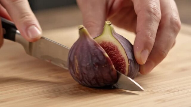 A close-up video showcasing fresh purple and green fig fruits growing on a tree, followed by slicing a ripe fig to reveal its juicy and vibrant inside texture.