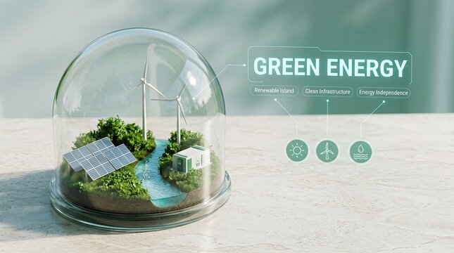 Miniature green energy island ecosystem model with wind turbines and