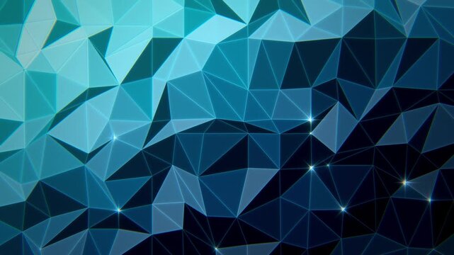Deep ocean blue and aqua low poly triangle mesh with shifting light and sparkling vertices, cool geometric background, seamless loop