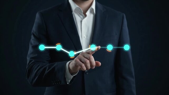 Businessman's hand interacts with a luminous digital progress timeline, illustrating strategic planning, performance tracking, and future objective achievement through data visualization