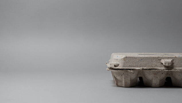A closed grey molded pulp egg carton sits on a neutral light grey background with copy space