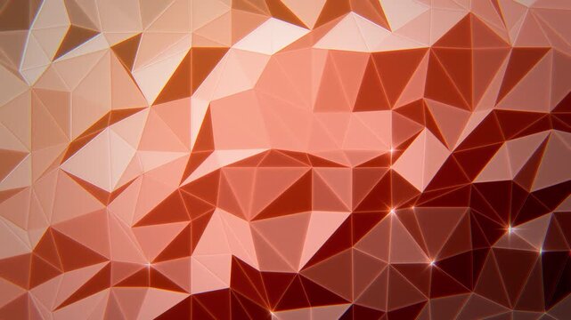 Peach and coral low poly triangle mesh with shifting light and sparkling vertices, warm geometric background, seamless loop