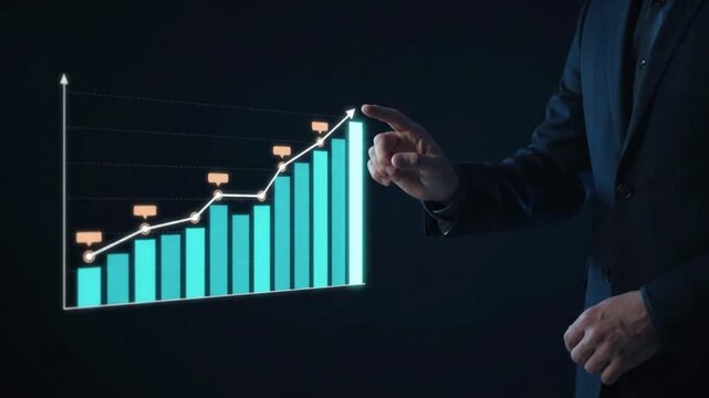 Professional engaging with a dynamic digital bar graph, illustrating business growth, strategic financial analysis, and data projections for market success