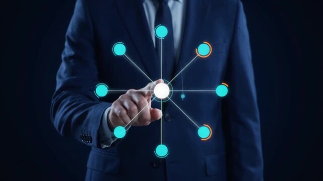 Business professional interacting with a futuristic digital network, symbolizing strategic connections, data flow, and modern technology in a corporate environment