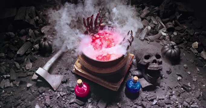 Witch cauldron emits smoke beside magic potions and skull.
