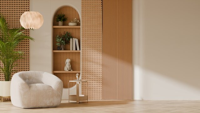 Warm minimalist living room with cream accent chair and wooden wall panels- 3D rendering