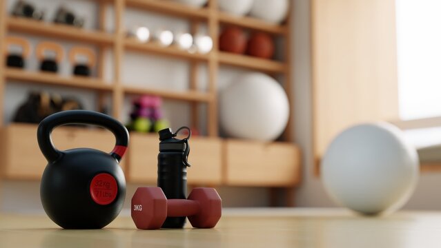 Home gym equipment with kettlebell dumbbell and water bottle- 3D rendering